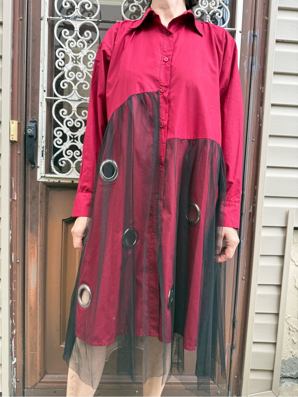 Women’s Red Button-Front Shirt Dress with Black Mesh Overlay